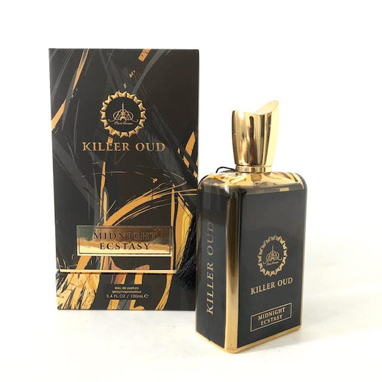 A box containing a fragrance bottle of Killer Oud Midnight Ecstasy 100ml Eau de Parfum by Dubai Perfumes.