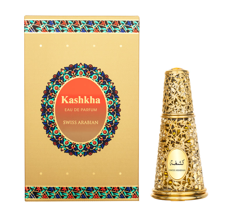 Load image into Gallery viewer, A bottle of Swiss Arabian Kashka 50ml Eau De Parfum in front of a gold box.
