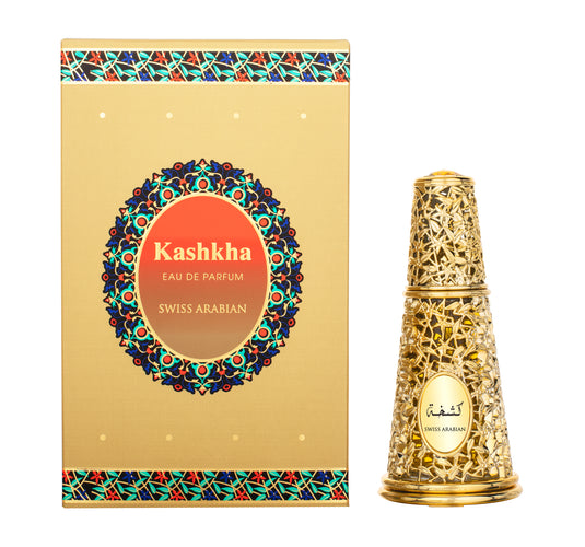 A bottle of Swiss Arabian Kashka 50ml Eau De Parfum in front of a gold box.