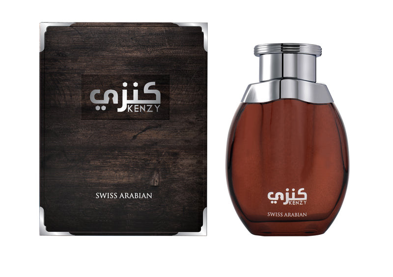 Load image into Gallery viewer, A Swiss Arabian Kenzy 100ml Eau De Parfum, a bottle of Eau De Parfum, with a box next to it.
