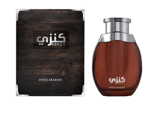 A Swiss Arabian Kenzy 100ml Eau De Parfum, a bottle of Eau De Parfum, with a box next to it.