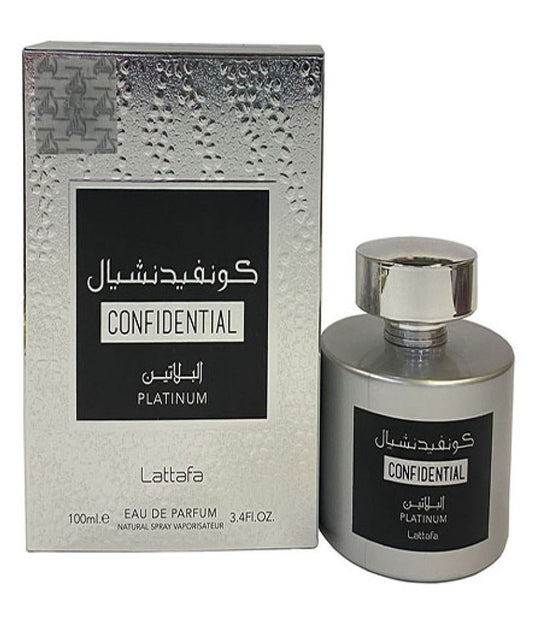 A Lattafa Confidential Platinum fragrance bottle in front of a box.