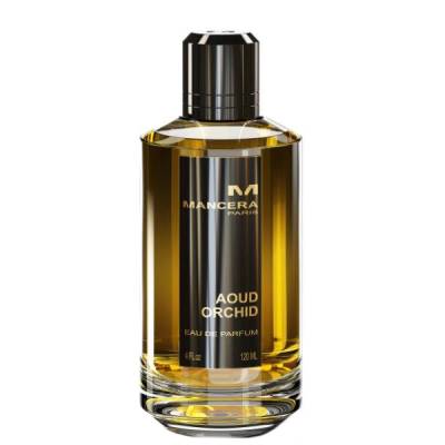 A 120ml bottle of Mancera Aoud Orchid 120ml Eau De Parfum with a gold label.