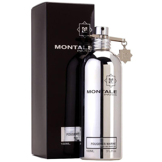 A fragrant bottle of Montale Paris Fougeres Marine 100ml EDP by Montale Paris elegantly positioned in front of a box, suitable for both men and women.