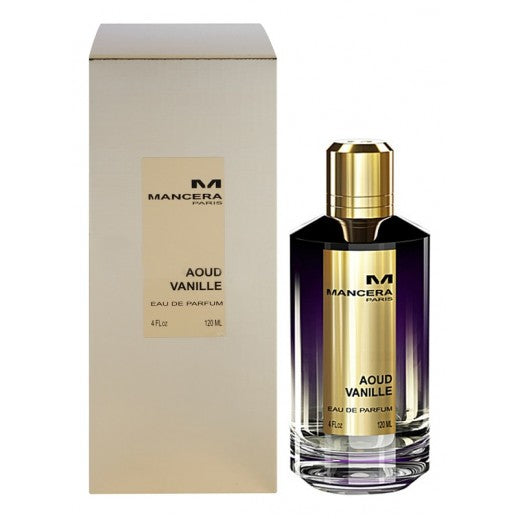 Load image into Gallery viewer, A bottle of Mancera Aoud Vanille 120ml Eau De Parfum, with a box next to it.
