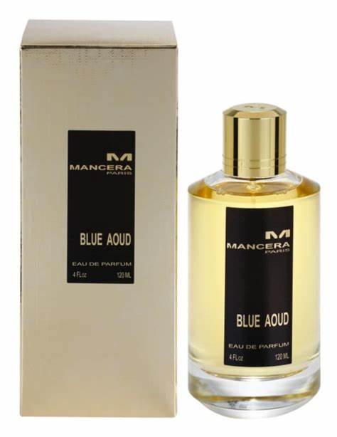 A 120ml bottle of Mancera Blue Aoud Eau De Parfum cologne in front of a box from Rio Perfumes.