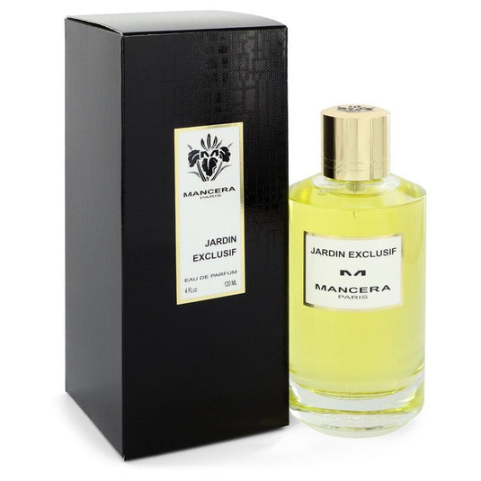 A bottle of Mancera Jardin Exclusif 120ml Eau De Parfum fragrance with a box next to it, suitable for both men and women.