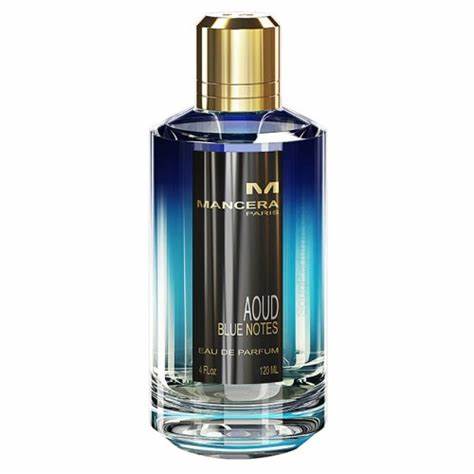 A bottle of Mancera Aoud Blue Notes 120ml Eau De Parfum on a white background, perfect for men and women.