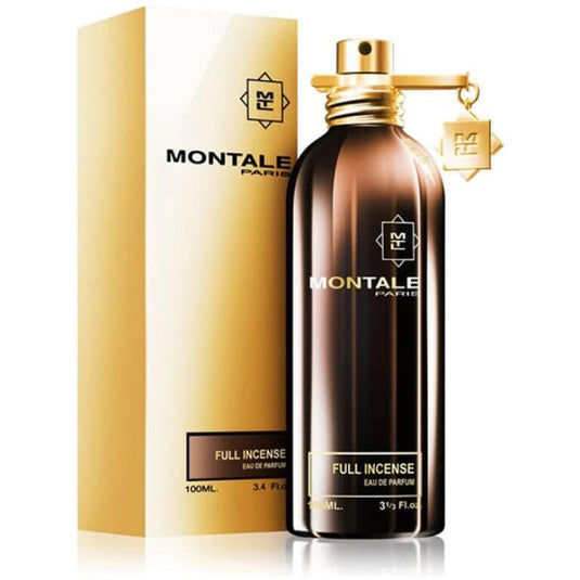 A 100ml bottle of Montale Paris Full Incense Eau De Parfum in a gold box available at Rio Perfumes.