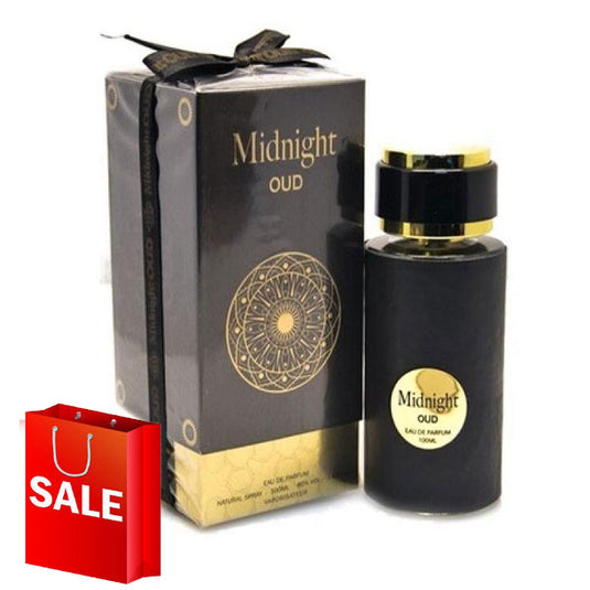 A bottle of Fragrance World Midnight Oud 100ml Eau De Parfum with a sale tag.