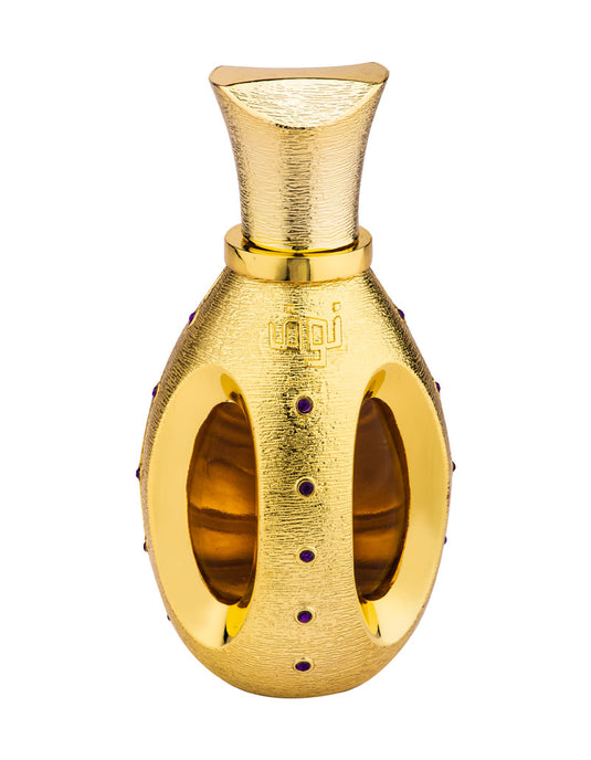 A Swiss Arabian Nouf 50ml Eau De Parfum for women, a gold perfume bottle with purple stones.