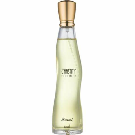 A bottle of Rasasi Chastity 100ml Eau De Parfum from Rio Perfumes on a white background.
