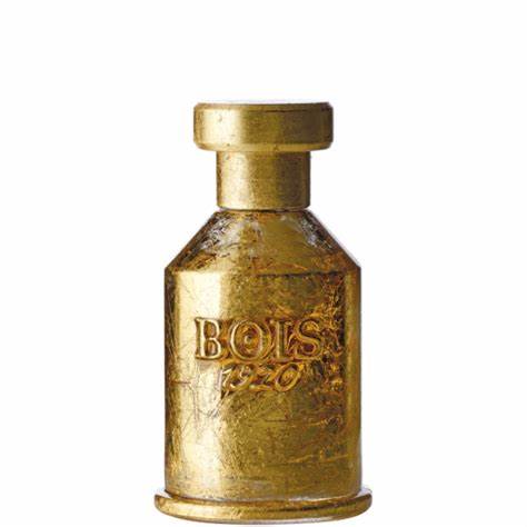 A shimmering bottle of Bois 1920 Come da Luna 100ml Eau De Toilette, adorned in gold, resting gently on a crisp white background.