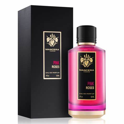 A bottle of Mancera Pink Roses 120ml Eau De Parfum by Mancera, an exquisite Eau De Parfum, resting elegantly next to a box.