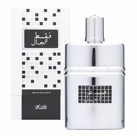 A 50ml Eau De Parfum bottle of Rasasi Faqat Lil Rijal with arabic writing from Rio Perfumes.