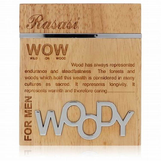 A Rasasi Woody Wow for Men 60ml Eau De Parfum box with the word 