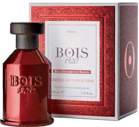 A 100ml bottle of Bois 1920 Relativamente Rosso Eau De Parfum from Rio Perfumes in a red box.