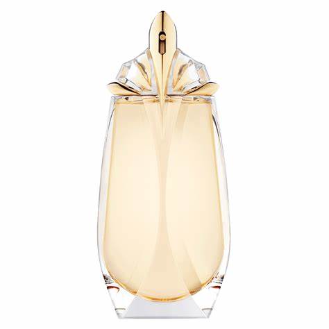 A Mugler Alien Eau Extraordinaire 90ml Eau De Toilette Unboxed perfume bottle with a golden hue, displayed on a clean white background.