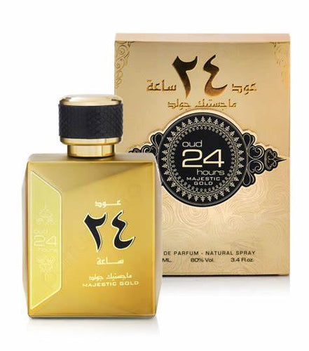 A bottle of Ard Al Zaafaran Oud 24 Hours Majestic Gold perfume, an exquisite fragrance for both men and women.