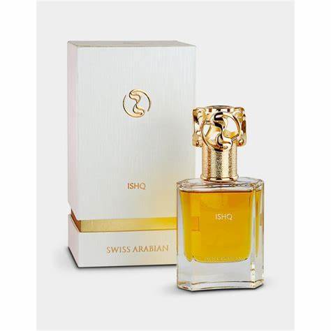 Load image into Gallery viewer, A Swiss Arabian Ishq 50ml fragrance bottle with a gold box next to it.
