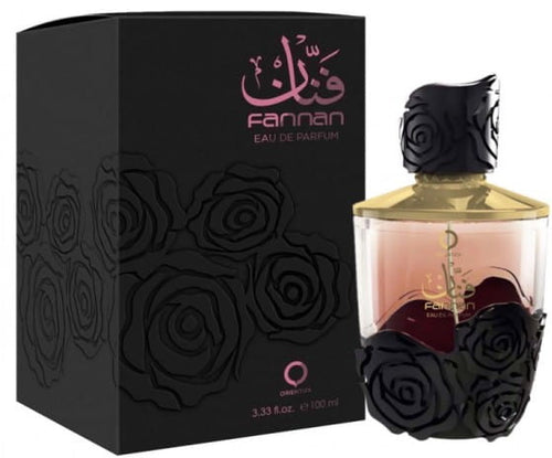 A bottle of Orientica Fannan 100ml Eau de Parfum with roses and a box.