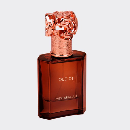A bottle of Swiss Arabian Oud 01 50ml Eau De Parfum with a rose on it.