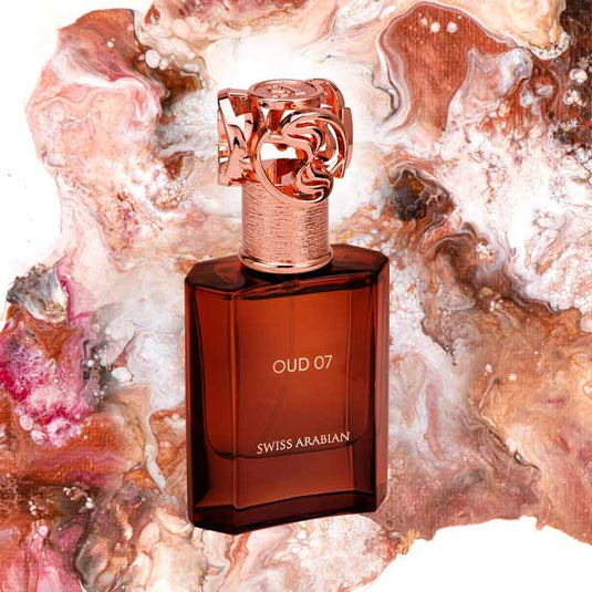 A bottle of Swiss Arabian Oud 07 50ml Eau De Parfum by Swiss Arabian sitting on top of a marble background.