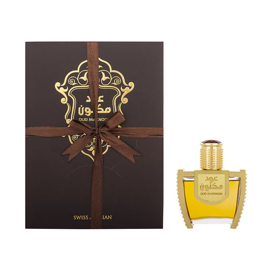 A Swiss Arabian perfume, the Swiss Arabian Oud Maknoon 50ml Eau De Parfum, adorned with a gold ribbon, presented in a gift box.