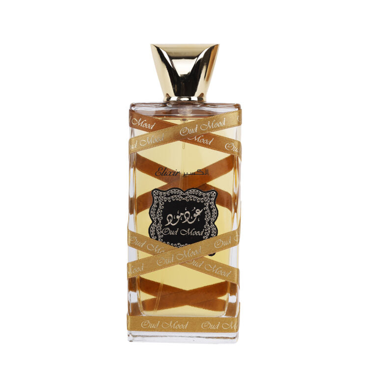 Load image into Gallery viewer, A bottle of Lattafa Oud Mood Elixir 100ml Eau De Parfum perfume from lattafa with a gold ribbon on it.
