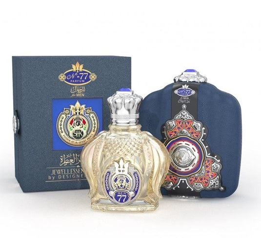 A delicious Shaik Opulent Shaik Sapphire No 77 100ml EDP refill bottle and a box on a white background.