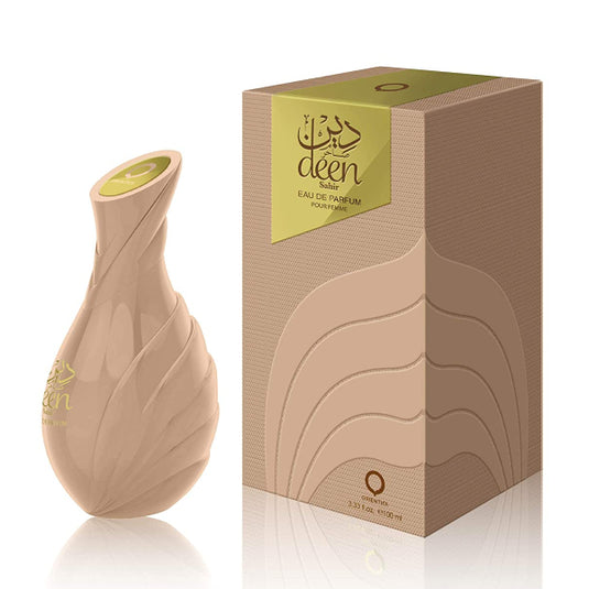 A Orientica Deen Sahir 100ml Eau de Parfum bottle with a beige box.