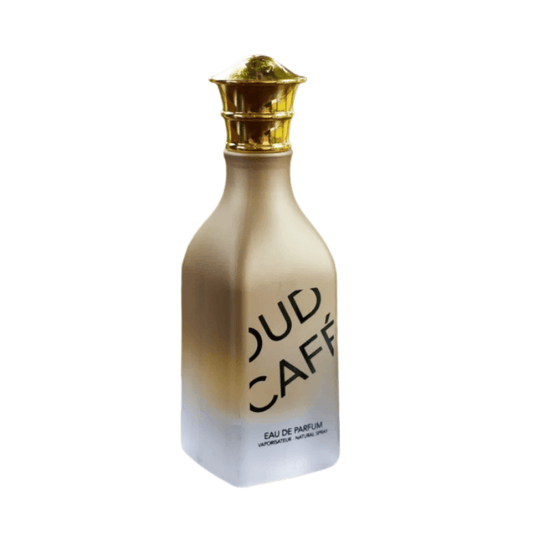 A bottle of Fragrance World Cafe Oud 85ml Eau de Parfum by Fragrance World on a white background.