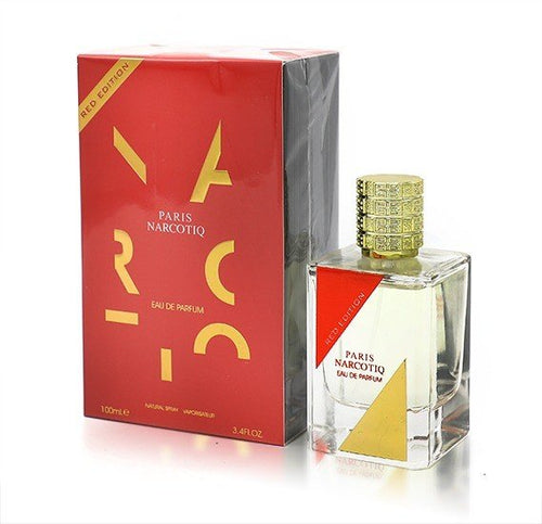 A bottle of Paris Narcotiq Red Edition 100ml Eau de Parfum with a red box next to it.