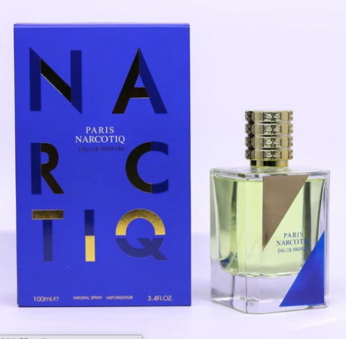 A bottle of Paris Corner Paris Narcotiq 100ml Eau de Parfum next to a blue box.