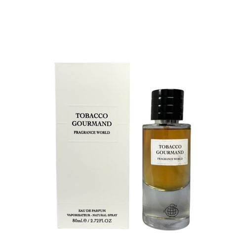 A bottle of Fragrance World Tobacco Gourmand 80ml Eau de Parfum with a box next to it.