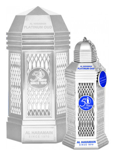 A blue and silver lantern next to a bottle of Al Haramain perfume emitting a captivating fragrance.
