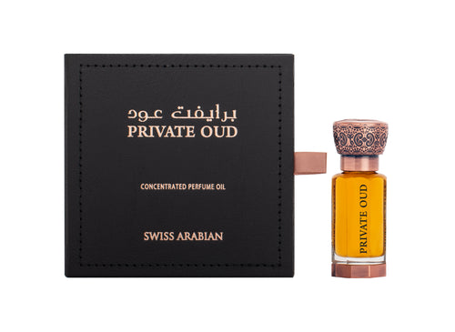 A bottle of Swiss Arabian Private Oud 12ml Concentrated Perfume Oil with a box containing concentrated perfume oil.