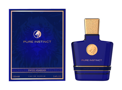 A fragrance for men and women, this Swiss Arabian Pure Instinct 100ml Eau De Parfum comes in a blue box with a bottle of pure instinct.