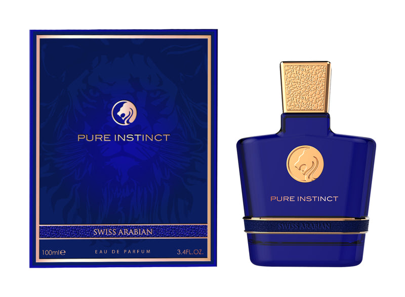 Load image into Gallery viewer, A fragrance for men and women, this Swiss Arabian Pure Instinct 100ml Eau De Parfum comes in a blue box with a bottle of pure instinct.
