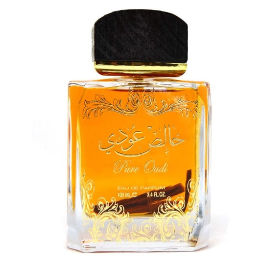 A bottle of Lattafa Pure Oudi 100ml Eau de Parfum with an oriental blend and Arabic writing on it.