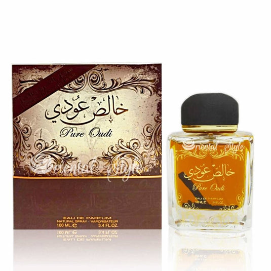 A woody fragrance with Lattafa Pure Oudi 100ml Eau de Parfum written on the bottle.