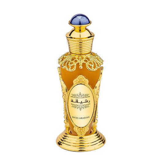 A gold bottle of Swiss Arabian Rasheeqa 20ml Concentrated Perfume Oil, with a blue lid, is filled with 20ml of concentrated perfume oil. It is suitable for both men and women.