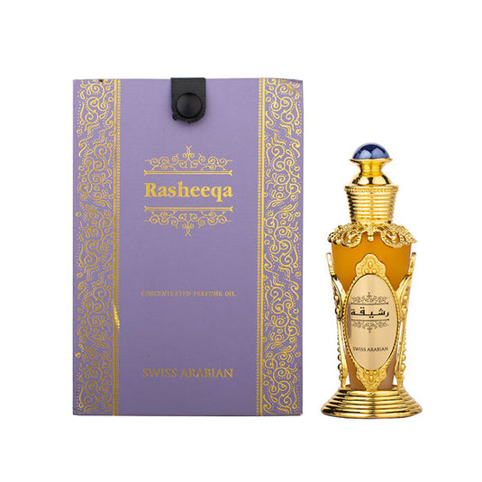 A 20ml bottle of Swiss Arabian Rasheeqa 20ml Concentrated Perfume Oil, elegantly presented in a gold box by Swiss Arabian.