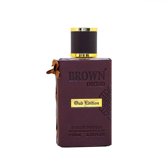 A bottle of Fragrance World Brown Orchid Oud Edition 80ml Eau De Parfum on a white background.