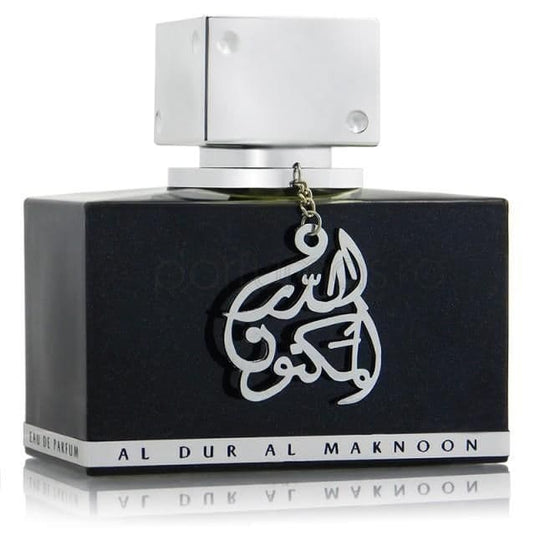 A bottle of Lattafa Al Dur Al Maknoon 100ml Eau De Parfum by Lattafa Perfumes, featuring a leather fragrance.