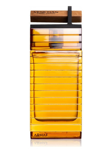 Armaf Venetian Amber Edition 100ml Eau De Parfum, a bottle of yellow cologne, featuring a wooden handle.