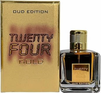 A bottle of Fragrance World's Twenty Four Gold Oud Edition 100ml Eau De Parfum cologne.