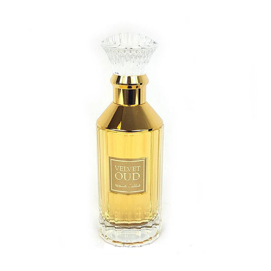 A bottle of Lattafa Velvet Oud 100ml Eau De Parfum by Dubai Perfumes on a white background.