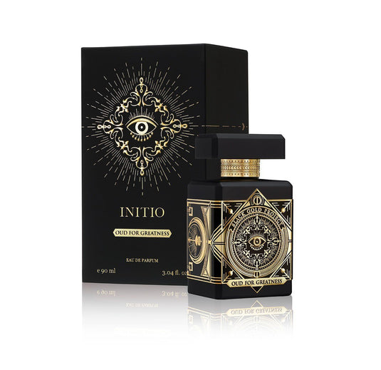 A bottle of Rio Perfumes INITIO Oud for Greatness 90ml EDP cologne next to a box.