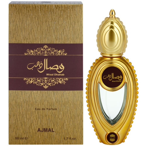 A 50ml bottle of Ajmal Wisal Dhahab Eau De Parfum with a box, available at Rio Perfumes.